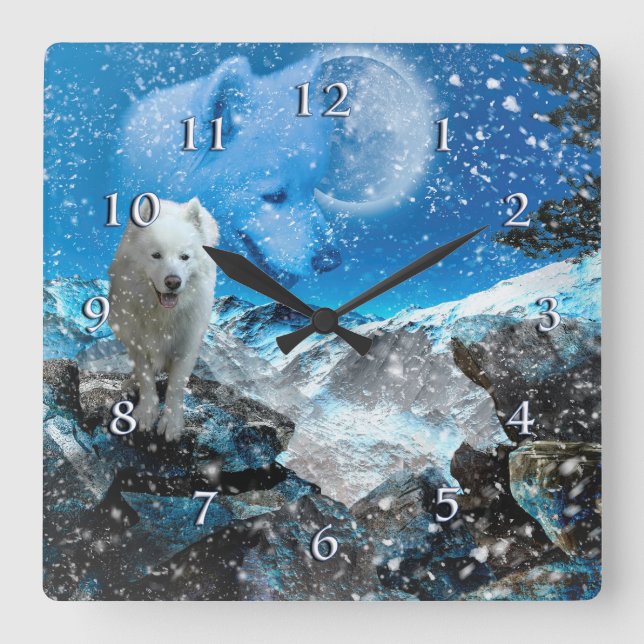 SAMOYED VOLLMOONWINTER QUADRATISCHE WANDUHR (Vorderseite)