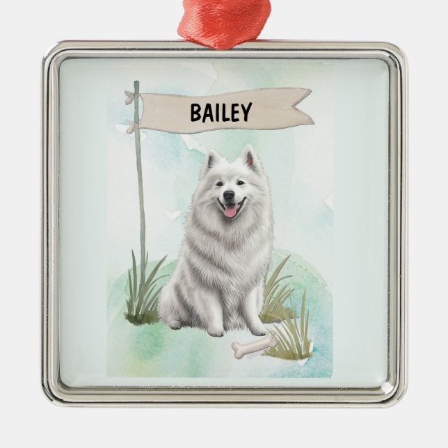 Samoyed Watercolor Personalized Dog Ornament Aus Metall (Vorne)