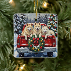 Samoyed Weihnachten Rotes Lastwagen Ferien Keramikornament