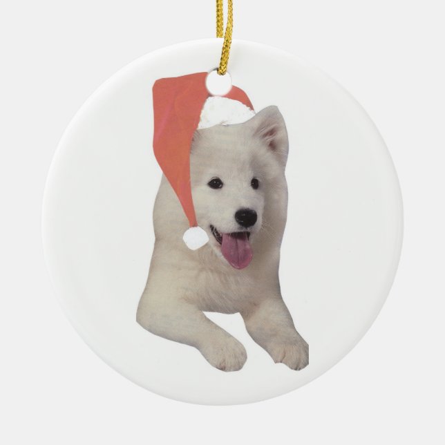 Samoyed-Weihnachtsmannmütze-Verzierung Keramik Ornament (Vorne)