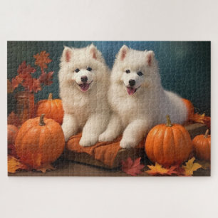 Samoyed Welpe Herbstfreude Kürbis 