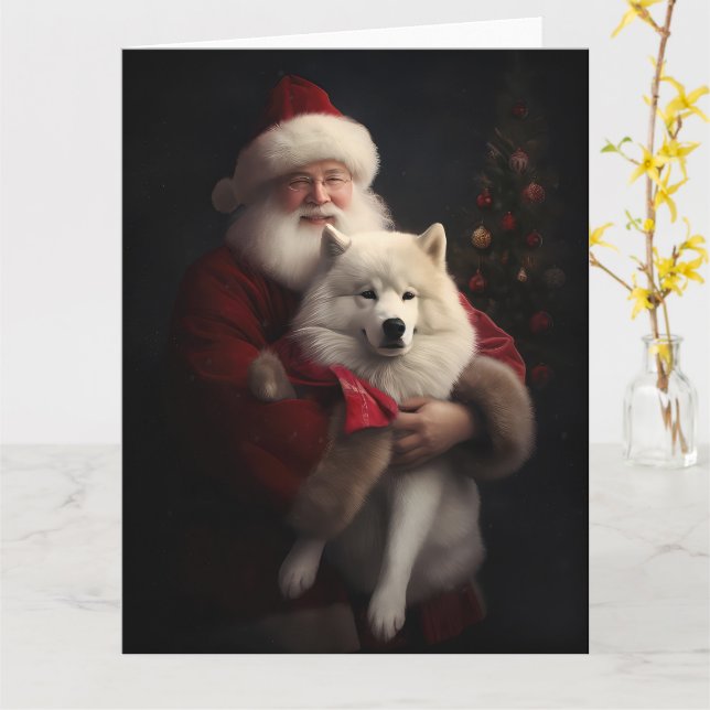 Samoyed with Santa Claus festliche Weihnachten Karte (Gelbe Blume)