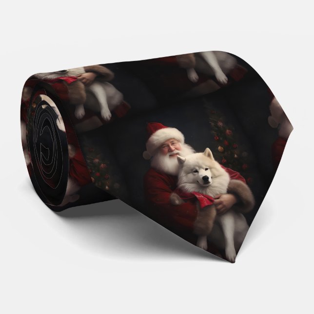 Samoyed with Santa Claus festliche Weihnachten Krawatte (Gerollt)