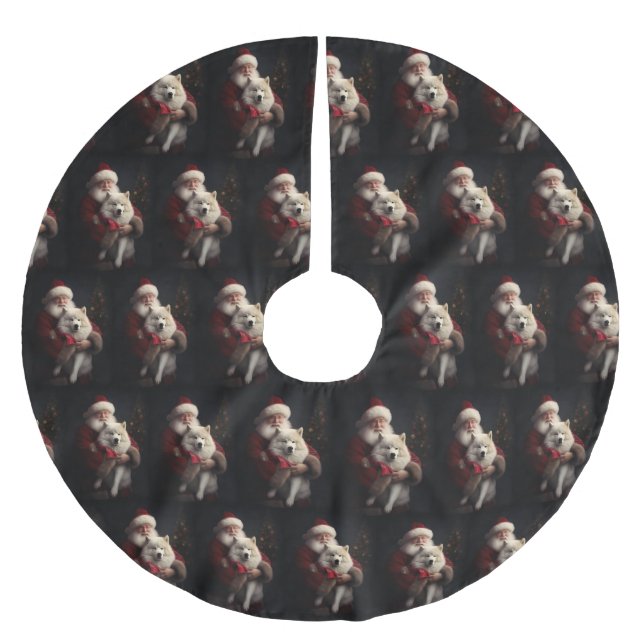 Samoyed with Santa Claus festliche Weihnachten Polyester Weihnachtsbaumdecke (Vorderseite)