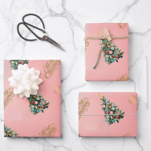 Samtrosaroter Weihnachtsbaum  Geschenkpapier Set (Vorderseite)