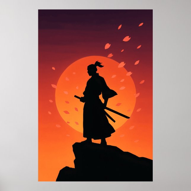 Samurai at Sunset Poster – Minimalist Silhouette W (Vorne)