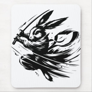 Samurai Bunny Black Ink Warrior Rabbit Mousepad