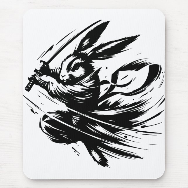 Samurai Bunny Black Ink Warrior Rabbit Mousepad (Vorne)