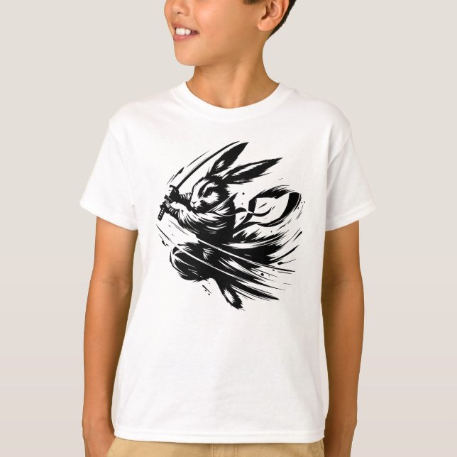 Samurai Bunny Black Ink Warrior Rabbit T-Shirt (Vorderseite)