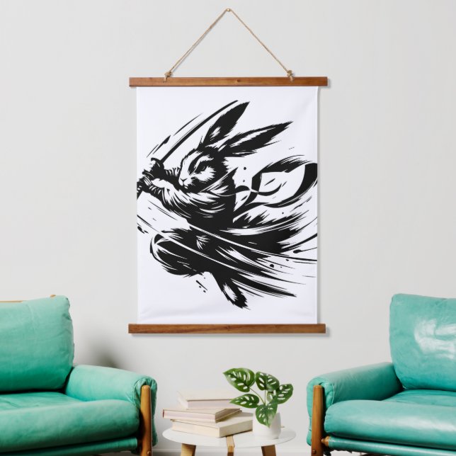 Samurai Bunny Black Ink Warrior Rabbit Wandteppich Mit Holzrahmen (Wohnzimmer)
