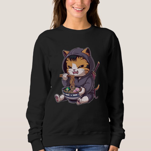 Samurai Cat Eating Ramen Kawaii Ninja Japanese Ani Sweatshirt (Vorderseite)