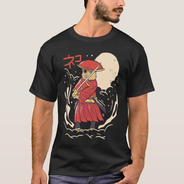 Samurai Cat Illustration  Japanese Cute Graphic T-Shirt (Vorderseite)