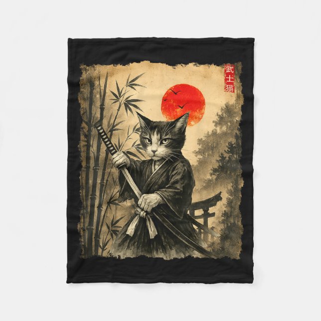 Samurai Cat Japanese Art Men Boys Funny Graphic Te Fleecedecke (Vorderseite)
