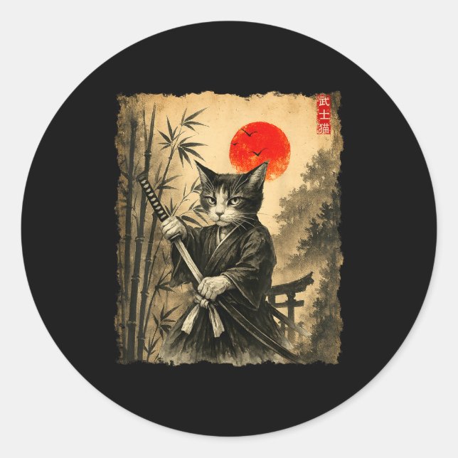 Samurai Cat Japanese Art Men Boys Funny Graphic Te Runder Aufkleber (Vorderseite)
