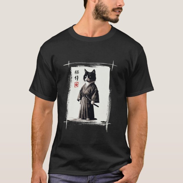 Samurai Cat Japanese Art Sumi e Novelty Kawaii Fun T-Shirt (Vorderseite)