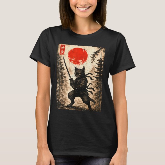 Samurai Cat Japanese Mens Boys Kids Graphic Anime  T-Shirt (Vorderseite)
