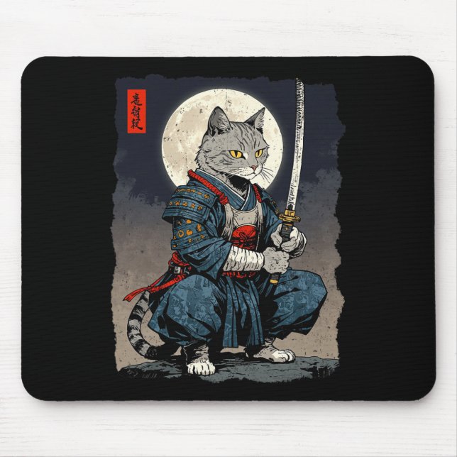 Samurai Cat Japanischer Retro-Kämpfer Cat Moon Uki Mousepad (Vorne)