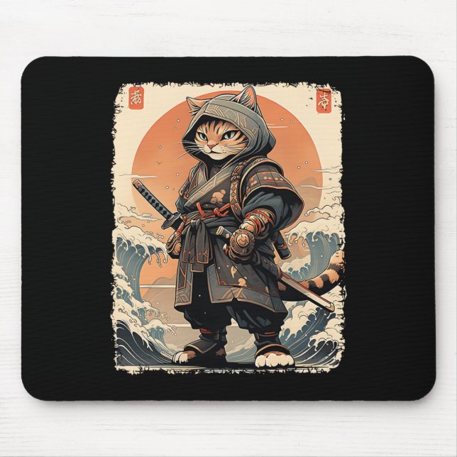 Samurai Cat Katana Full Gear Warrior Kämpfer Japan Mousepad (Vorne)