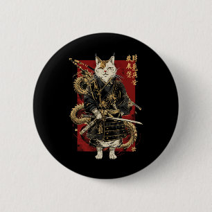 Samurai Cat mit Dragon japanisches Kanji Button