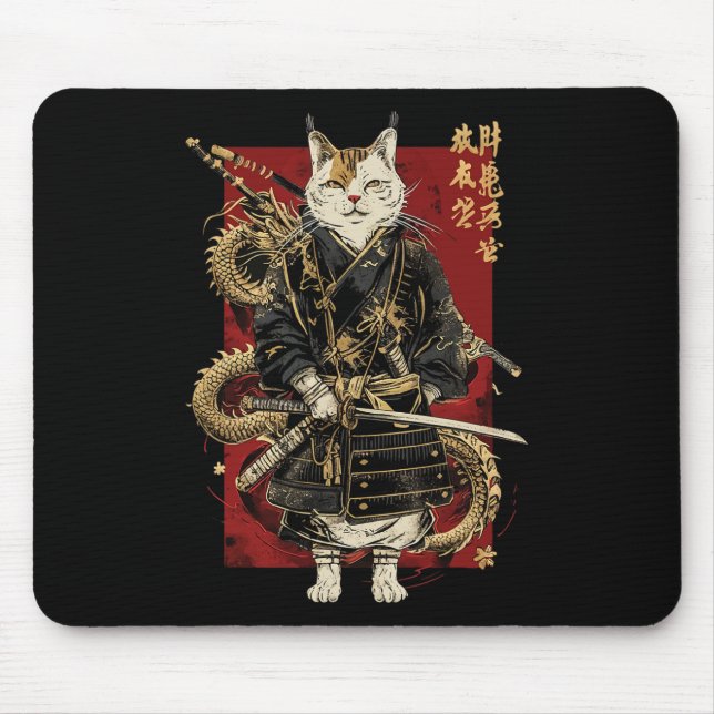 Samurai Cat mit Dragon japanisches Kanji Mousepad (Vorne)