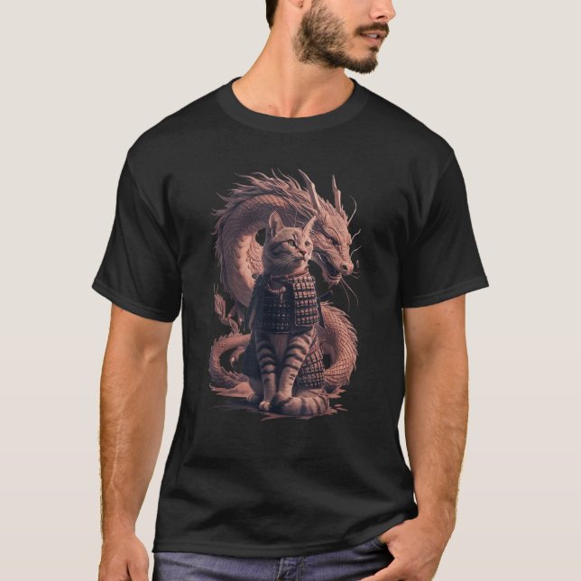 Samurai Cat mit Dragon T Shirt (Vorderseite)