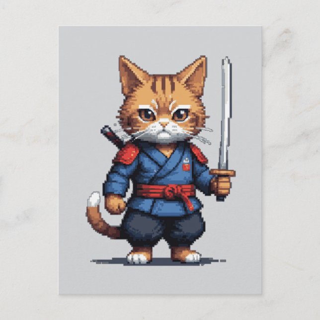 Samurai Cat Pixel Art Postkarte (Vorderseite)