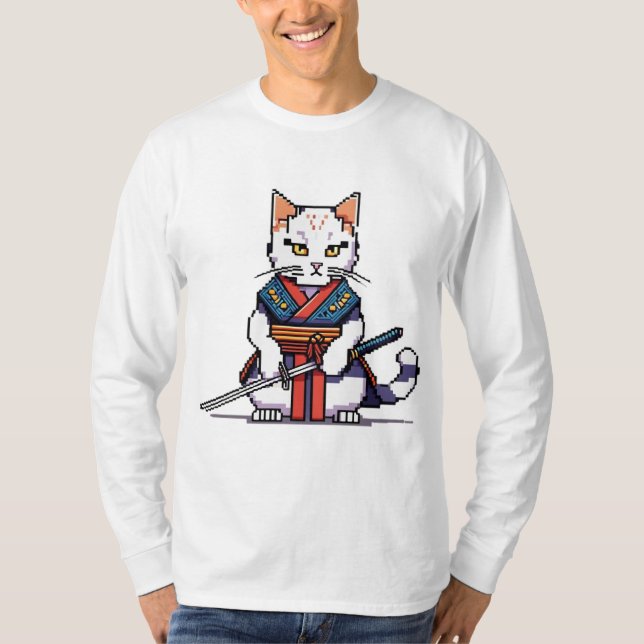 Samurai Cat Pixel Design T-Shirt (Vorderseite)