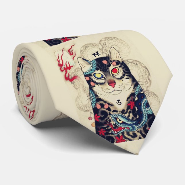 SAMURAI CAT-PORTRAT MIT SERPENT-TATTOOS KRAWATTE (Gerollt)