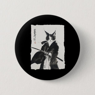 Samurai Cat T-Shirt Vintag Ukiyo-e Warrior Art Gra Button