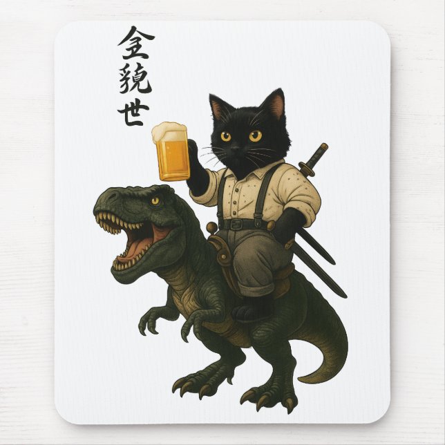 Samurai Cat with Beer & T-Rex | Retro Japanese Art Mousepad (Vorne)