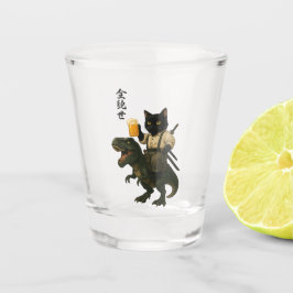 Samurai Cat with Beer & T-Rex | Retro Japanese Art Schnapsglas