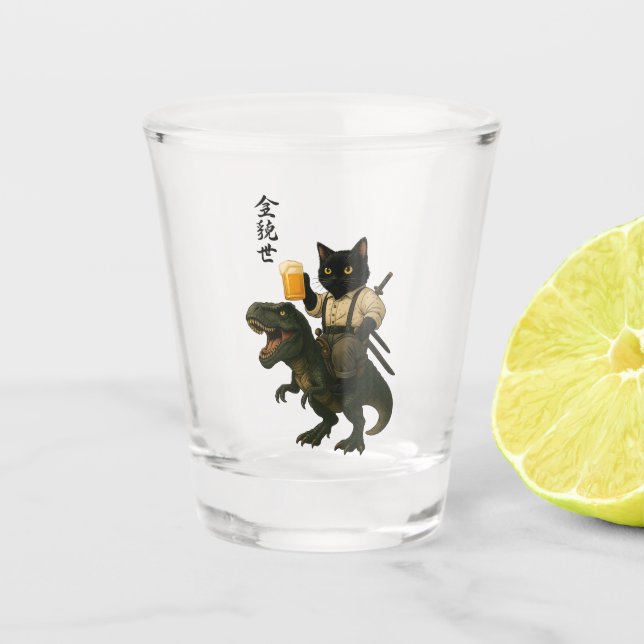 Samurai Cat with Beer & T-Rex | Retro Japanese Art Schnapsglas (Vorderseite)