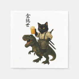 Samurai Cat with Beer & T-Rex | Retro Japanese Art Serviette