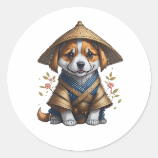 Samurai Corgi Puppy Runder Aufkleber