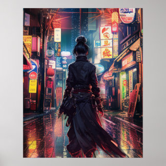 Samurai CyberPunk Modern Nightscape Futuristic Poster