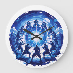 Samurai-Einheit japanische blaue Tinten-Kunst krei Große Wanduhr