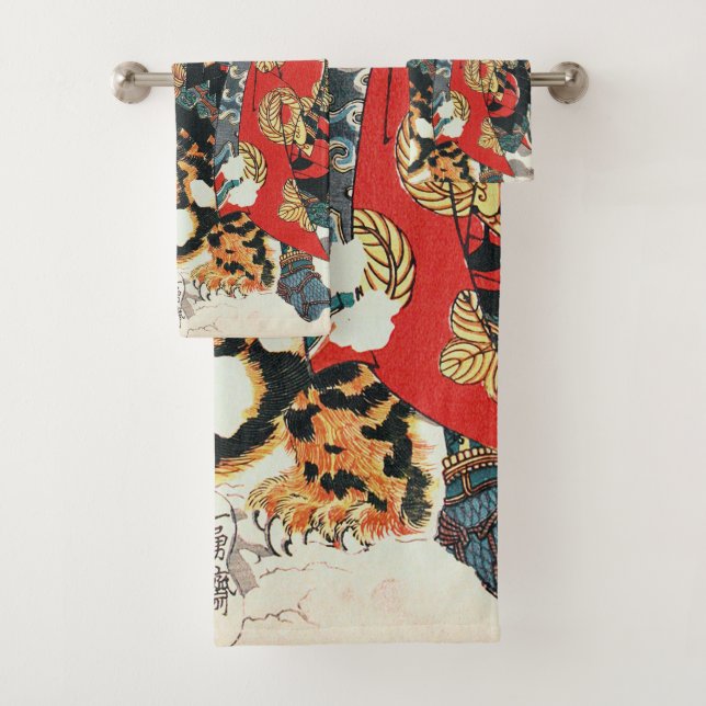 Samurai Fighting a Tiger, Kuniyoshi, Ukiyo-e Badhandtuch Set (Insitu)