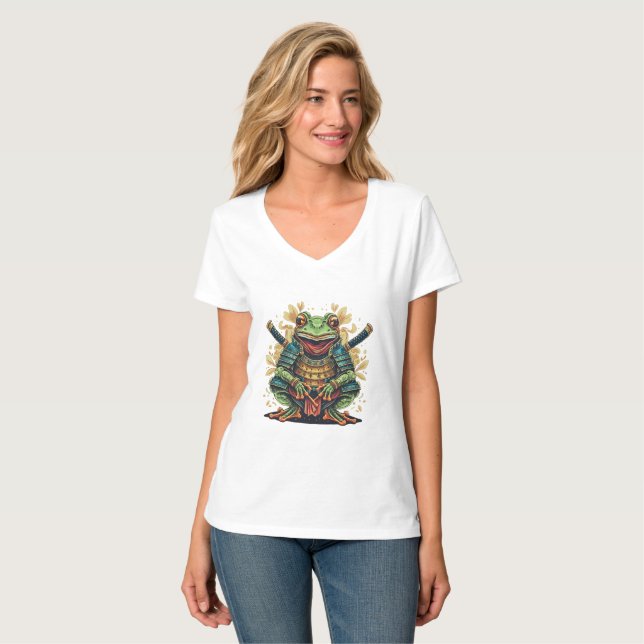 Samurai frog warrior Womens V-Neck T-Shirt (Vorderseite Vollansicht)