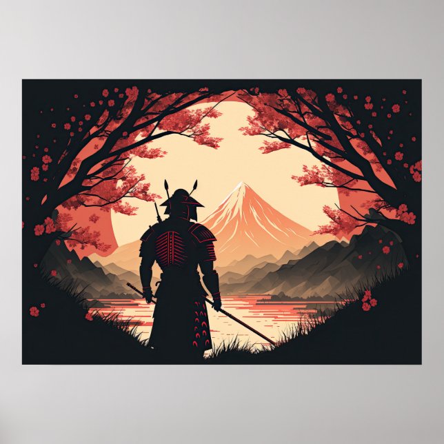 Samurai & Fuji | Moon & Cherry Blüten Kunst Poster (Vorne)
