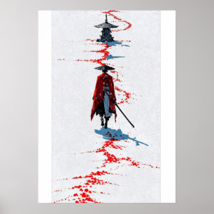 Samurai in Red Robe auf White Poster