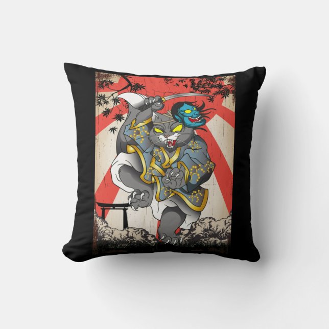 Samurai Japanisch Cat Swordsman Ninja Kitten Kissen (Vorderseite)