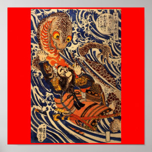 Samurai kämpft gegen großes Reptil, etwa 1800er Poster