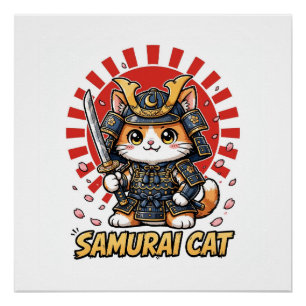 Samurai-Katze Anime Japanischer Krieger Kirsche Poster