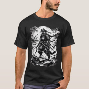 Samurai-Katze Krieger Vintage-Tinte-Stil Grafik T-Shirt