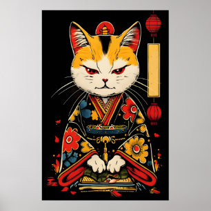 Samurai-Katze-Kunstposter – Japanischer Kimono-Kri Poster