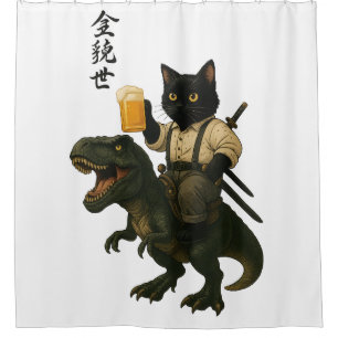 Samurai-Katze mit Bier & T-Rex   Retro-Japanische  Duschvorhang