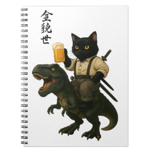 Samurai-Katze mit Bier & T-Rex   Retro-Japanische  Notizblock