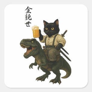 Samurai-Katze mit Bier & T-Rex Retro-Japanische Quadratischer Aufkleber