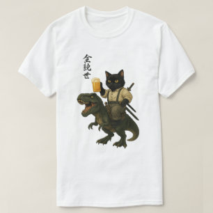 Samurai-Katze mit Bier & T-Rex   Retro-Japanische  T-Shirt