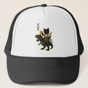 Samurai-Katze mit Bier & T-Rex Retro-Japanische Truckerkappe